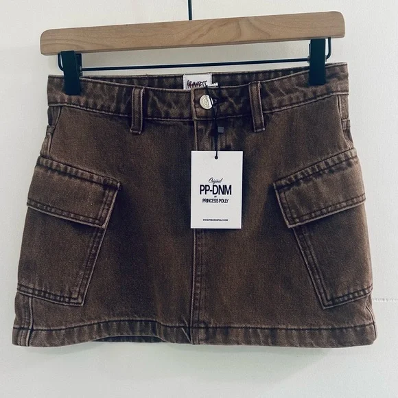 Princess Polly Zakai Cargo Denim Mini Skirt, Brown, Women’s Size 2, NWT - Picture 4 of 16